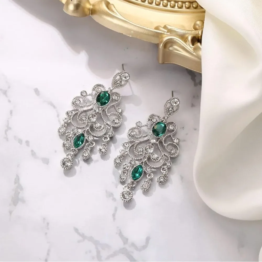 Silver with Diamond and Emerald Austrian Crystal Banquet Chandelier Earrings
